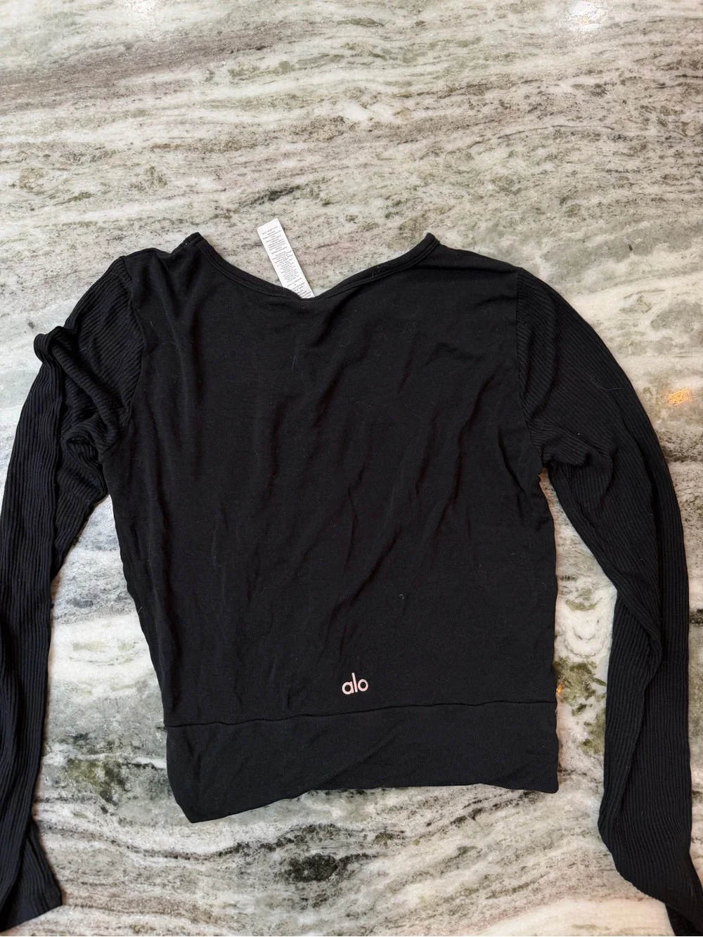 ALO Yoga Black Long Sleeve Twist-Front Ribbed Top